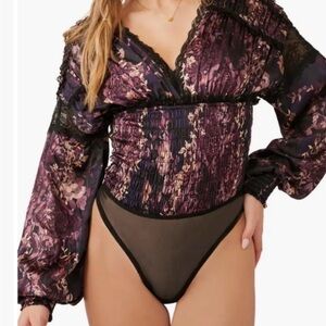 Free People worth the wait Purple Floral Smocked V-Neck Long-Sleeve Bodysuit